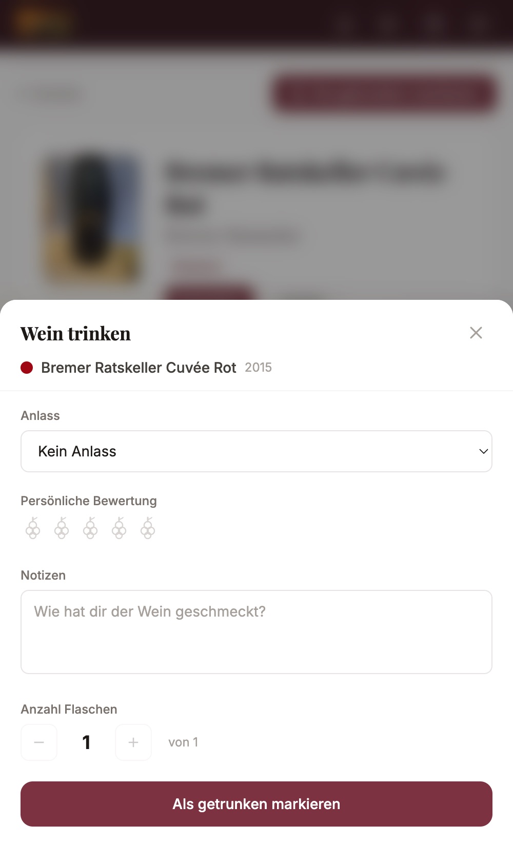 Wein trinken Sheet mit Anlass, Bewertung und Notizen