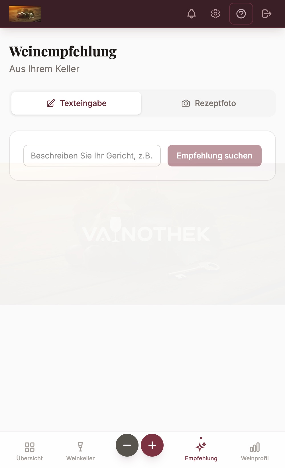 Weinempfehlung starten mit Texteingabe oder Rezeptfoto