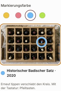 Mobile Regalmarkierung mit vier Farben, blauem Kreis und passendem Farbpunkt am Weinnamen