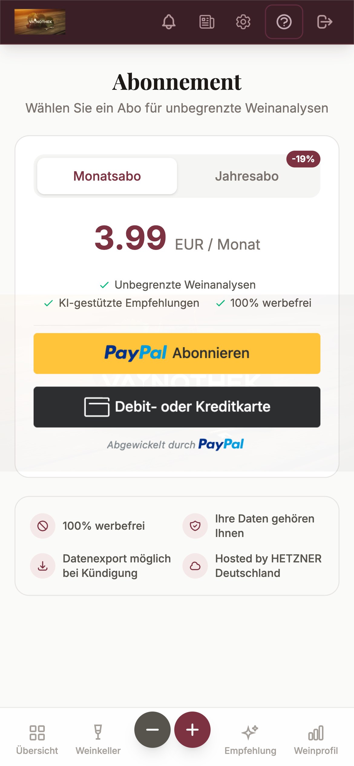 Abonnement-Seite auf dem Smartphone
