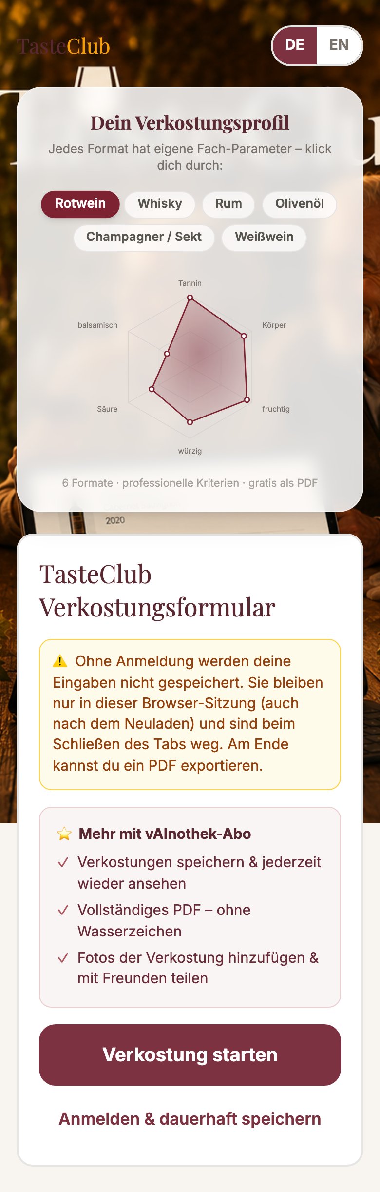 Start des TasteClub-Verkostungsformulars mit Verkostungsprofil