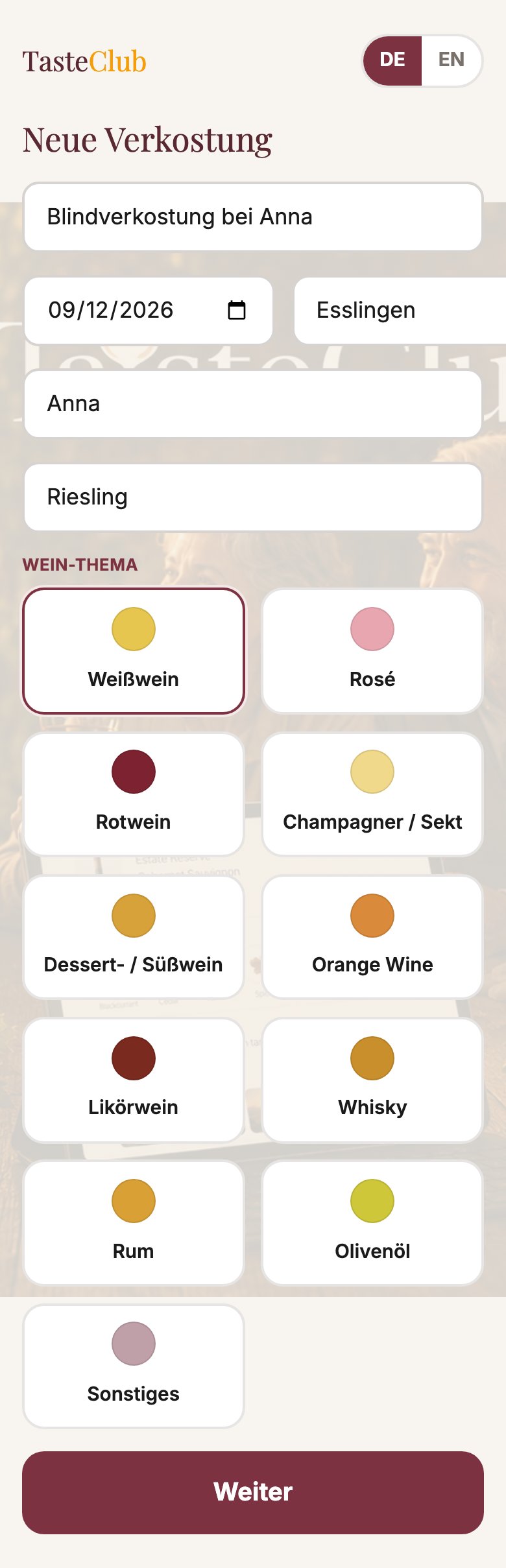 Neue Verkostung anlegen: Titel, Datum, Ort und Wein-Thema wählen