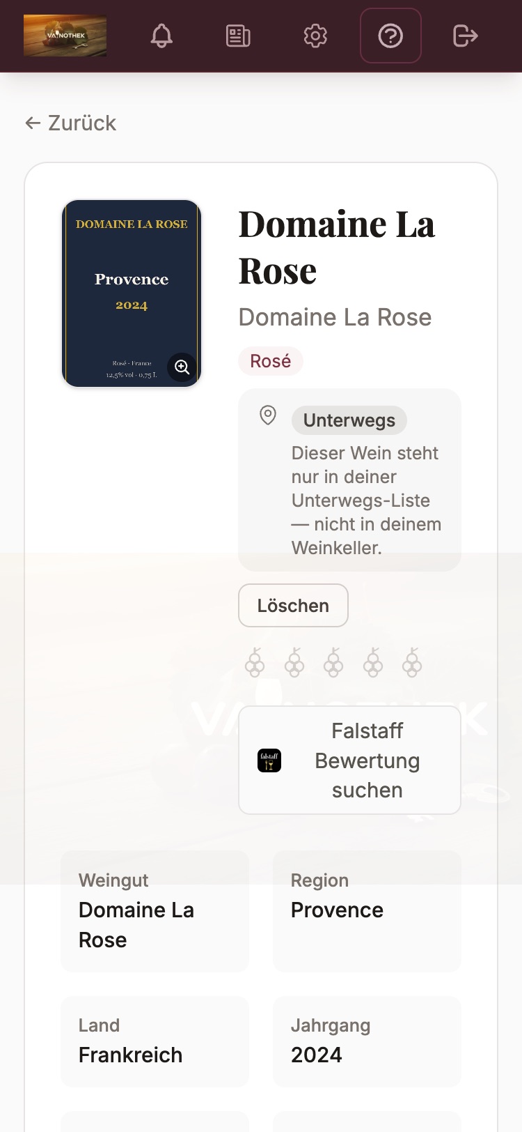 Wein-Detailansicht mit Unterwegs-Abzeichen