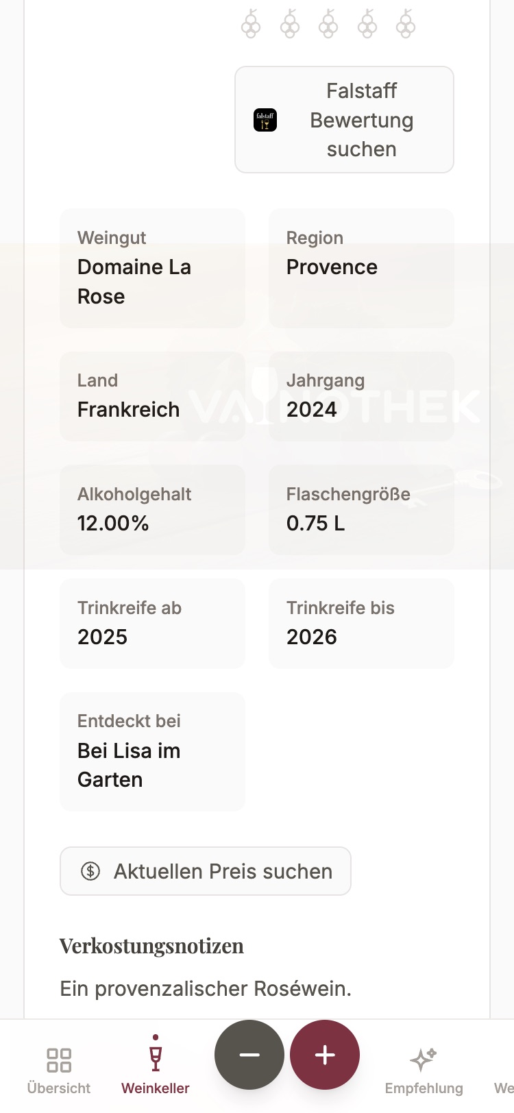 Wein-Detail mit der Notiz Entdeckt bei