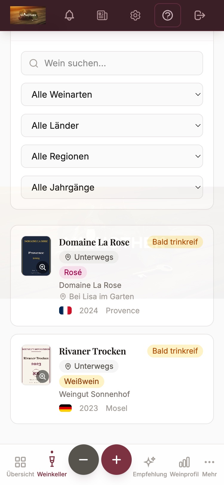 Unterwegs-Liste mit Filtern und Unterwegs-Abzeichen