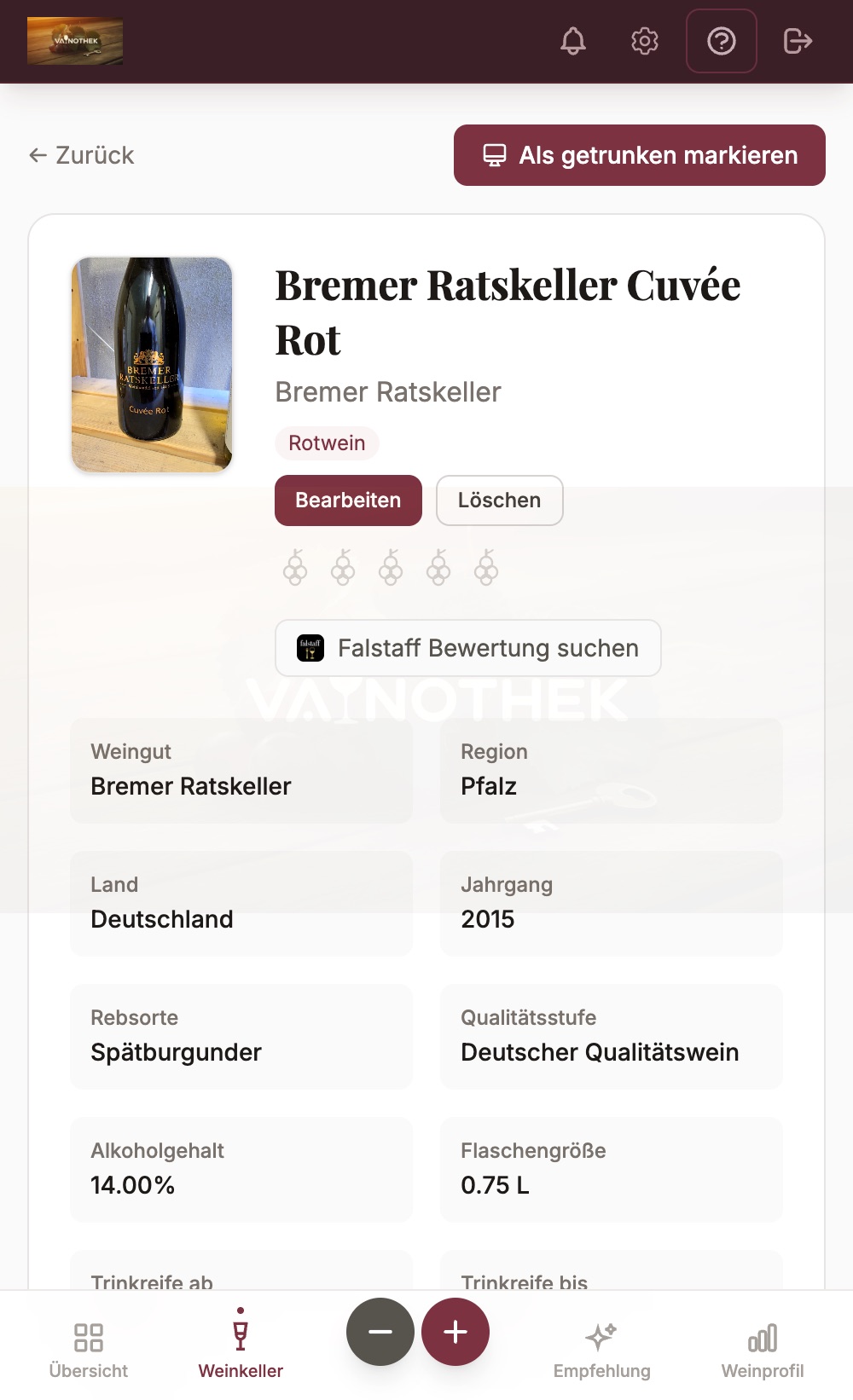 Wein-Detailansicht mit Trinkreife ab und bis