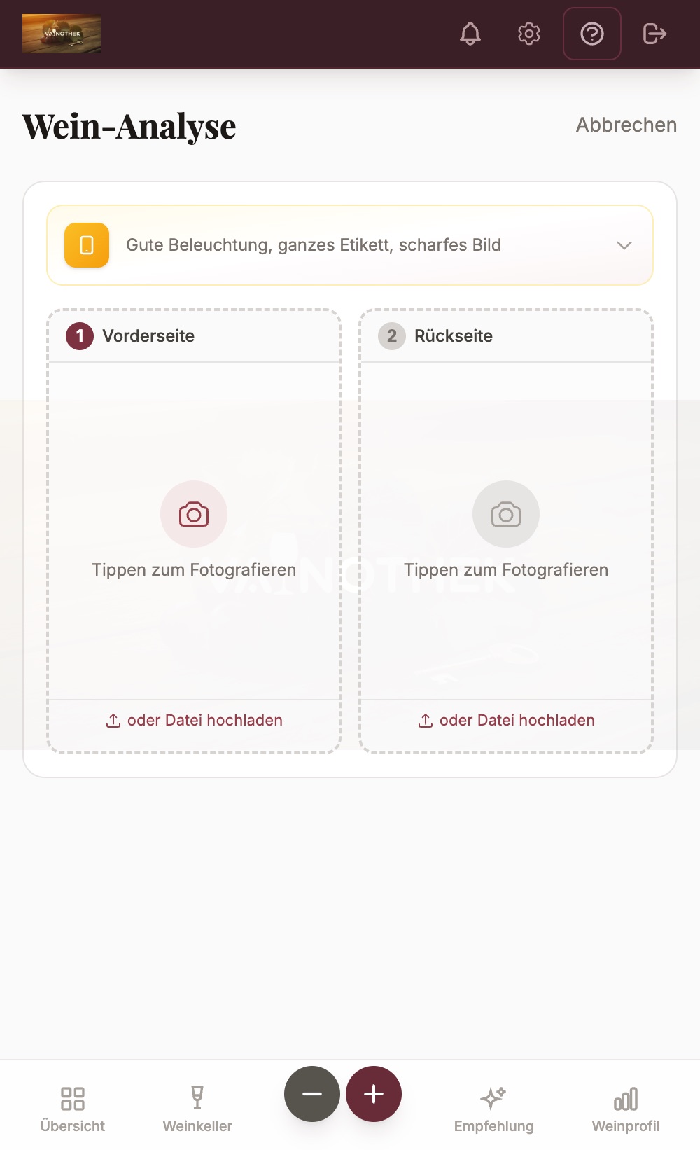Wein hinzufügen — Vorderseite und Rückseite fotografieren